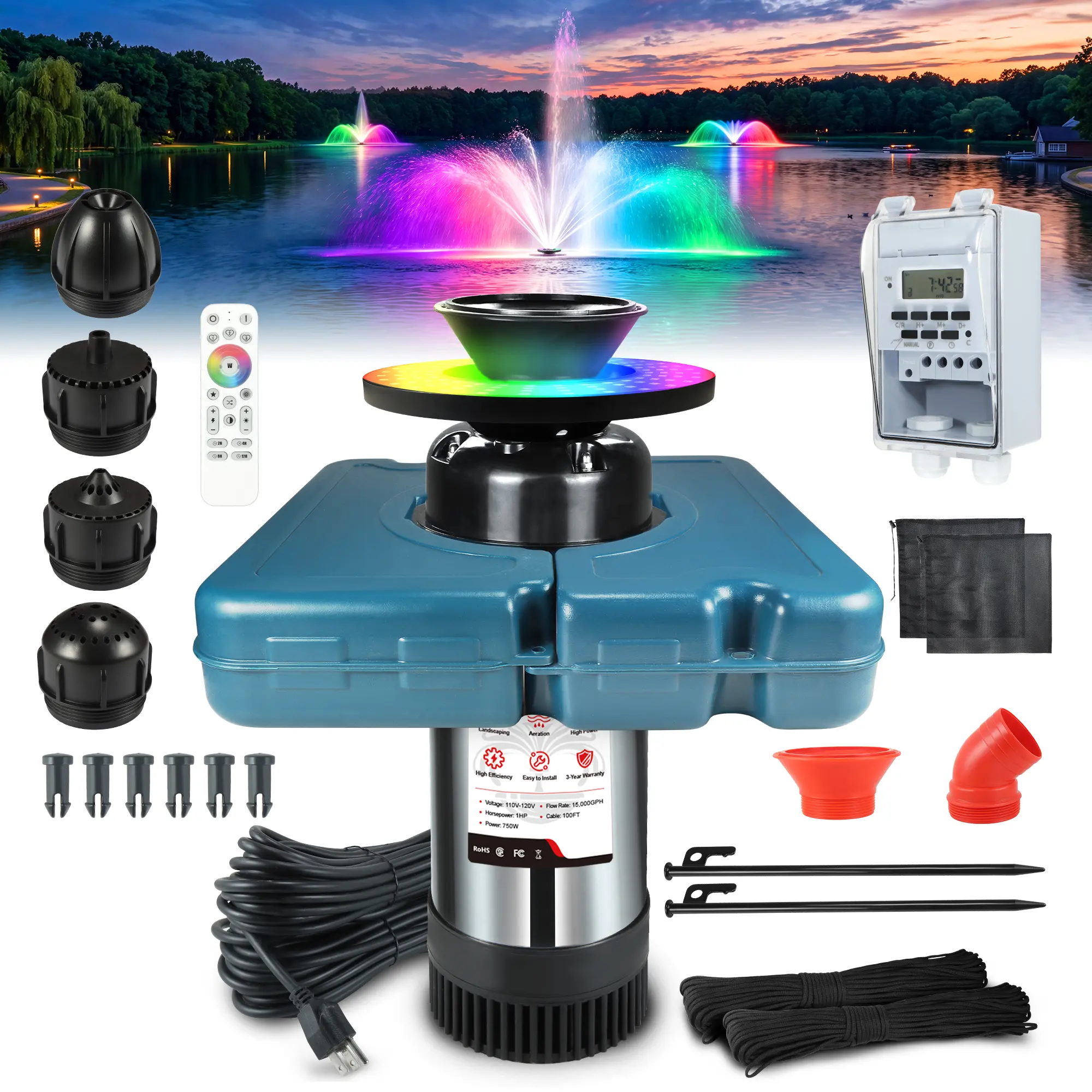 Goldlife F2 750W Floating Pond Fountain Aerator with RGBW Lights, 7 Water Patterns, Remote Control for Backyard Pond & Lake