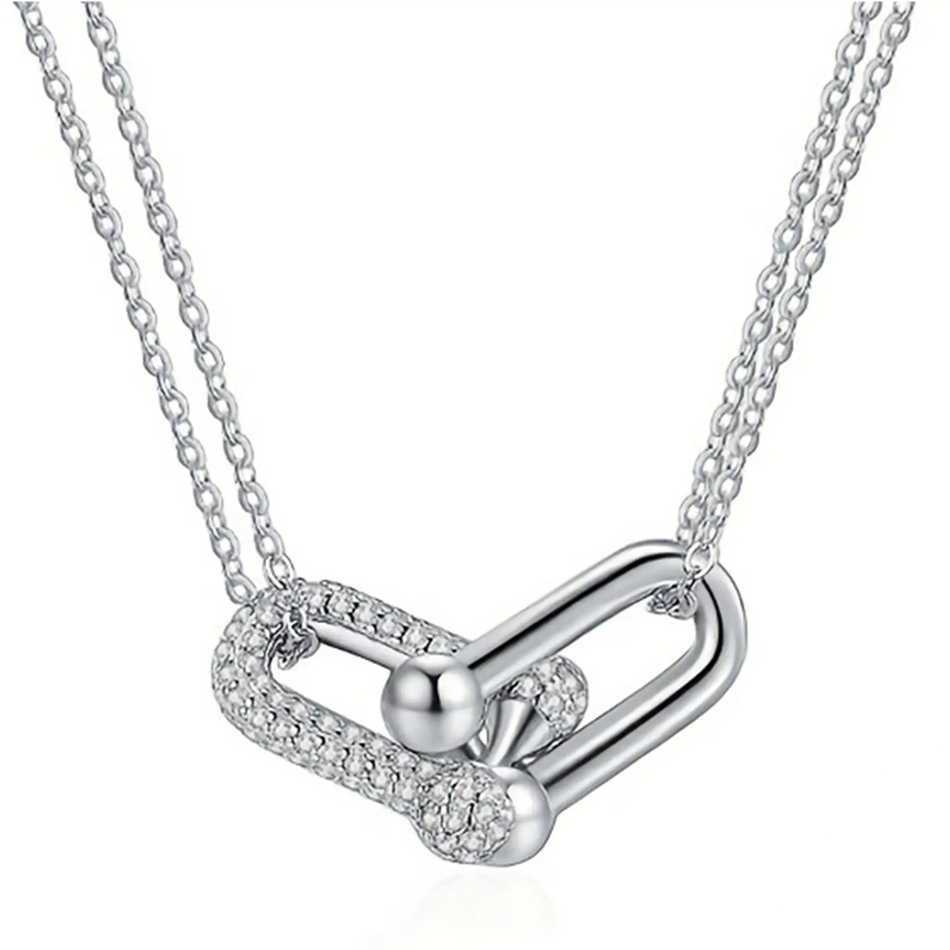 Ball U Shape Pendant Necklace White Gold Plated Silver Pin Paperclip Necklace Convertible Link Adjustable Chain CZ Hypoallergenic Fashion Charm Jewelry Gifts for Women Girls Birthday Party  Trendy Daily Wear Necklace