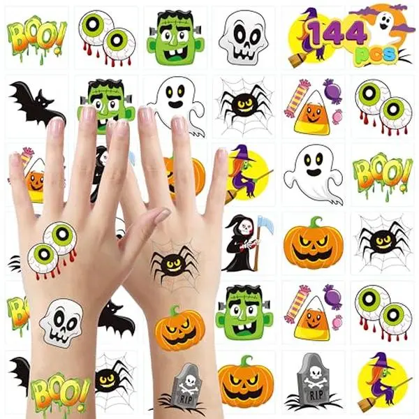 144 PCS Halloween Temporary Tattoos for Kids, 12 Designs Bulk Fake Tattoos Stickers for Halloween Party Favors Decorations, Supplies Trick or Treat Game Gifts Goodie Bags, Class Game Prizes