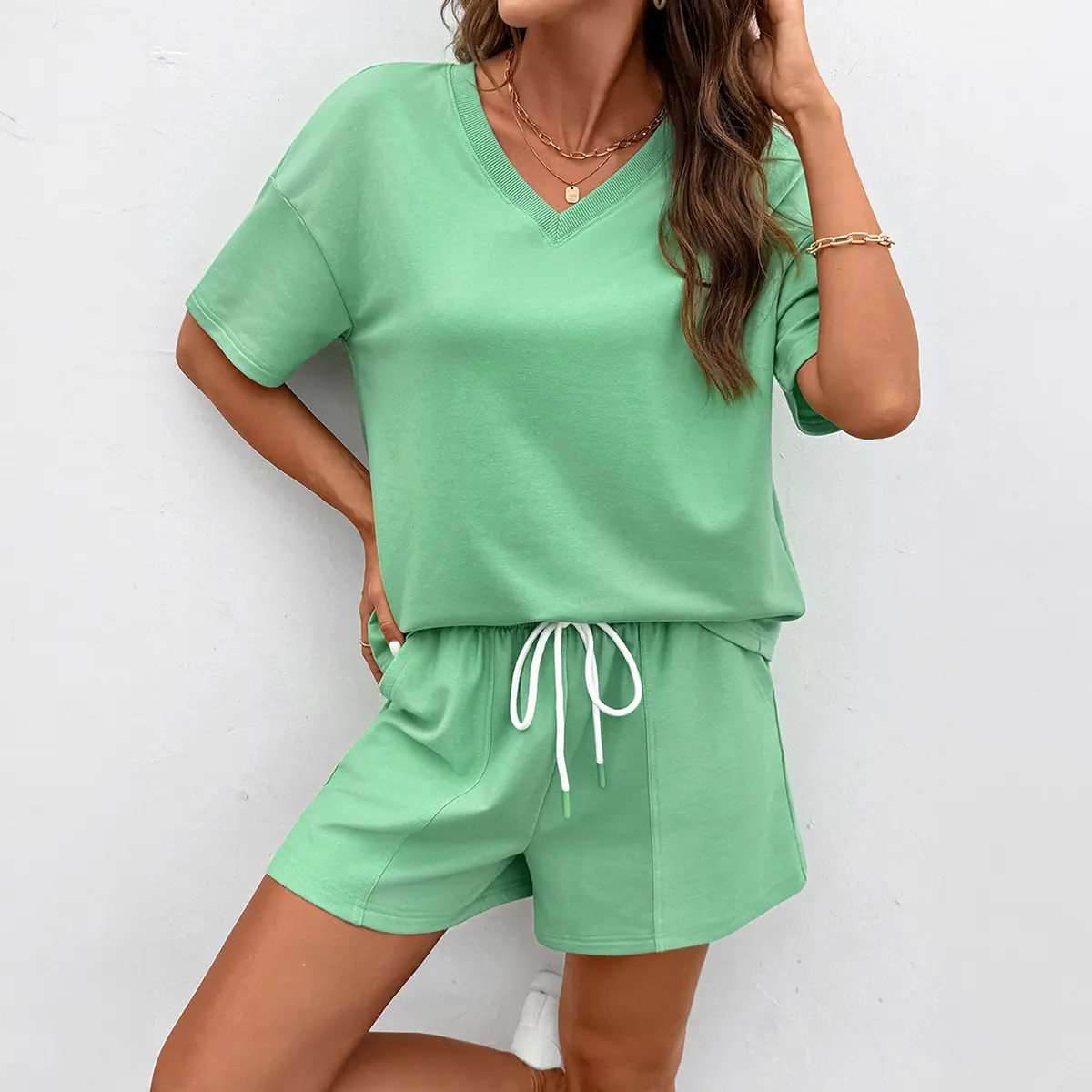 Shewin Women's 2-Piece Casual Fashion Set, Ribbed Knit Shortsleeve V-Neck Top & Drawstring Elastic Waistband Shorts, Stretchy Cotton Blend Durable Fabric Loungewear, Basic, Women's Clothes, Daily Wear, 2 Piece Sets, Short Sleeves, Elastane, Multi-Size, +,