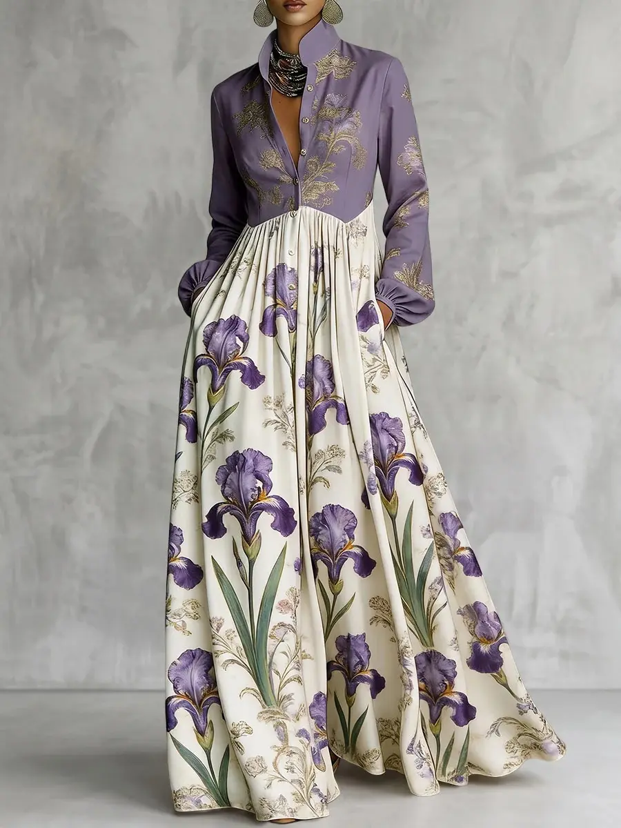 Women's Elegant Casual A-Line High Waisted Long Sleeve Contrast Color Flower Printed Stand Collar Maxi Dress