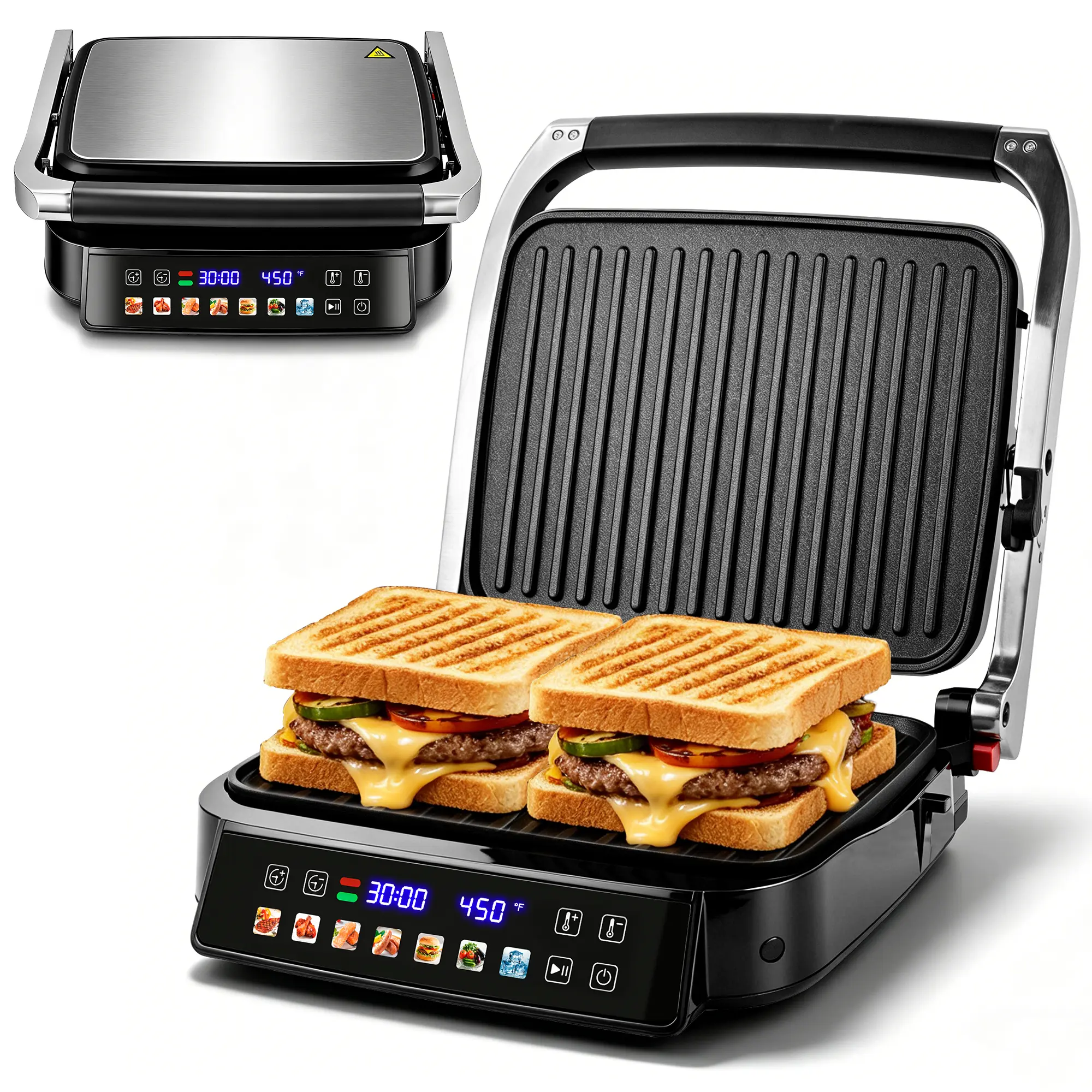 Pukomc 7-in-1 1500W Electric Contact Panini Maker Table Top Grill - Compact Home Kitchen Multi-Cooking Appliance, 180° Flat Open Design, Non Stick Griddle, Removable Cooking Grill, LED Controls, Digital Temp Control, 7 Preset Modes, Safety Lock Use, Drip
