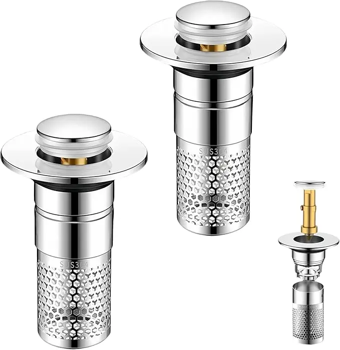 Upgrade Bathroom Sink Drain Strainer,Universal Pop-Up Sink Stopper Hair Catcher, Anti-Clog Stainless Steel Drain Filter Basket  Hair Catcher, Removable Sink Drain for Bathroom Sink Stopper Replacement