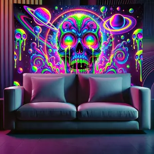 Neon skull planet wall art with UV reactive black light design. 78.7x59 inches vibrant psychedelic space tapestry with glowing neon colors. Perfect for dorms, homes, bedrooms, or party decor.