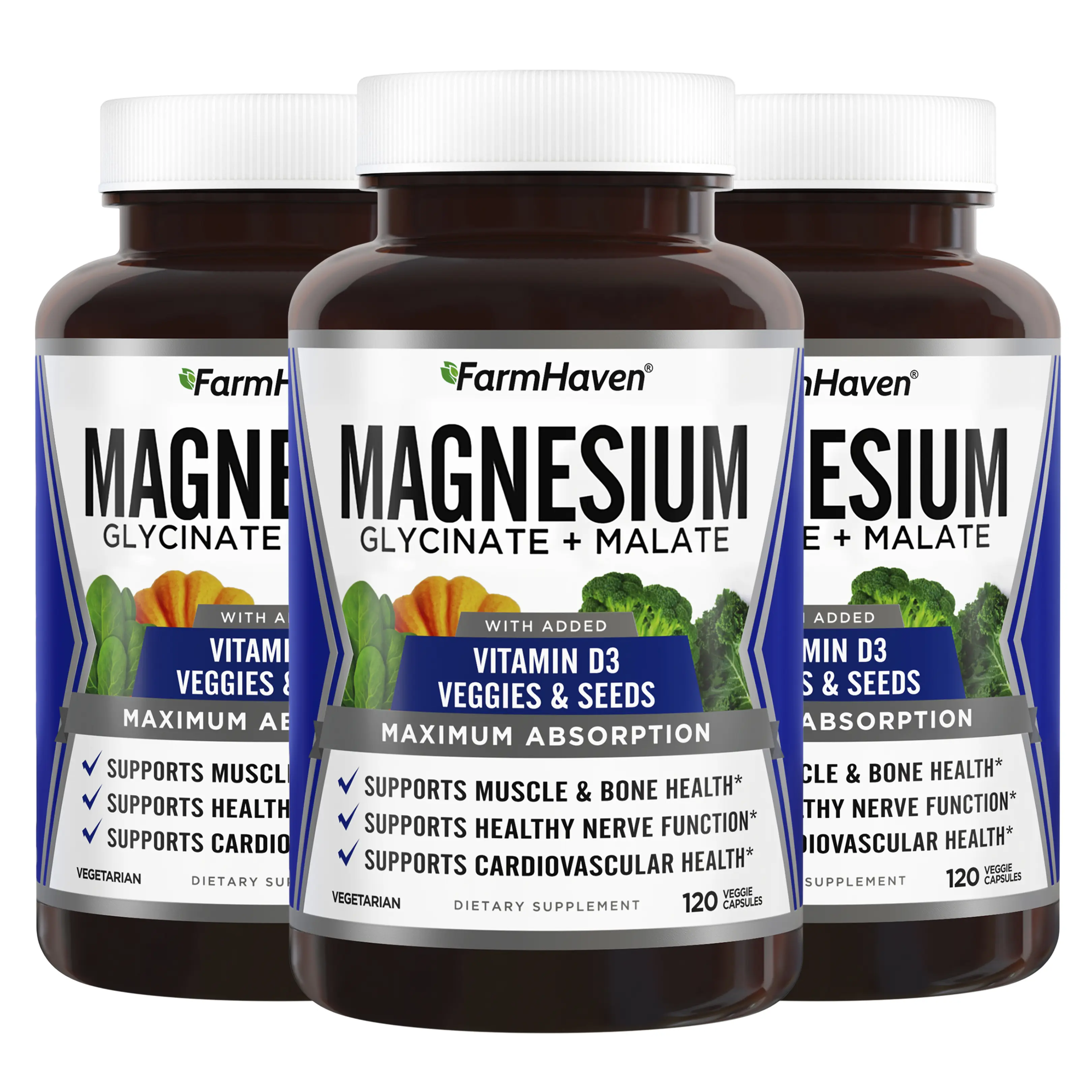 FarmHaven Magnesium Glycinate & Malate Complex w/ Vitamin D3, 100% Chelated for Max Absorption, Vegan – Bone Health, Nerves, Muscles, 360 Capsules, 180 Days Supplement Fitness Dietary Healthcare Edible Healthy Calcium