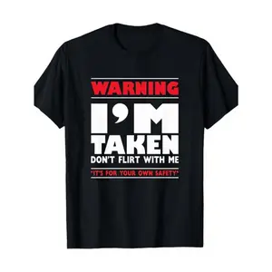 Men'S Funny "Warning I'm Taken Don't Flirt with Me" Graphic T-Shirt - Red & Caution Sign Design, Loose Fit Short Sleeve Crew Neck Casual Tee for Casual Attire, Humorous Relationship Statement Apparel