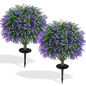 Artificial Boxwood Topiary Balls with Lavender – Set of 2 UV-Resistant 23" Fake Shrubs with Ground Spikes, Faux Evergreen Decorative Plants for Outdoor Indoor Porch Patio Garden