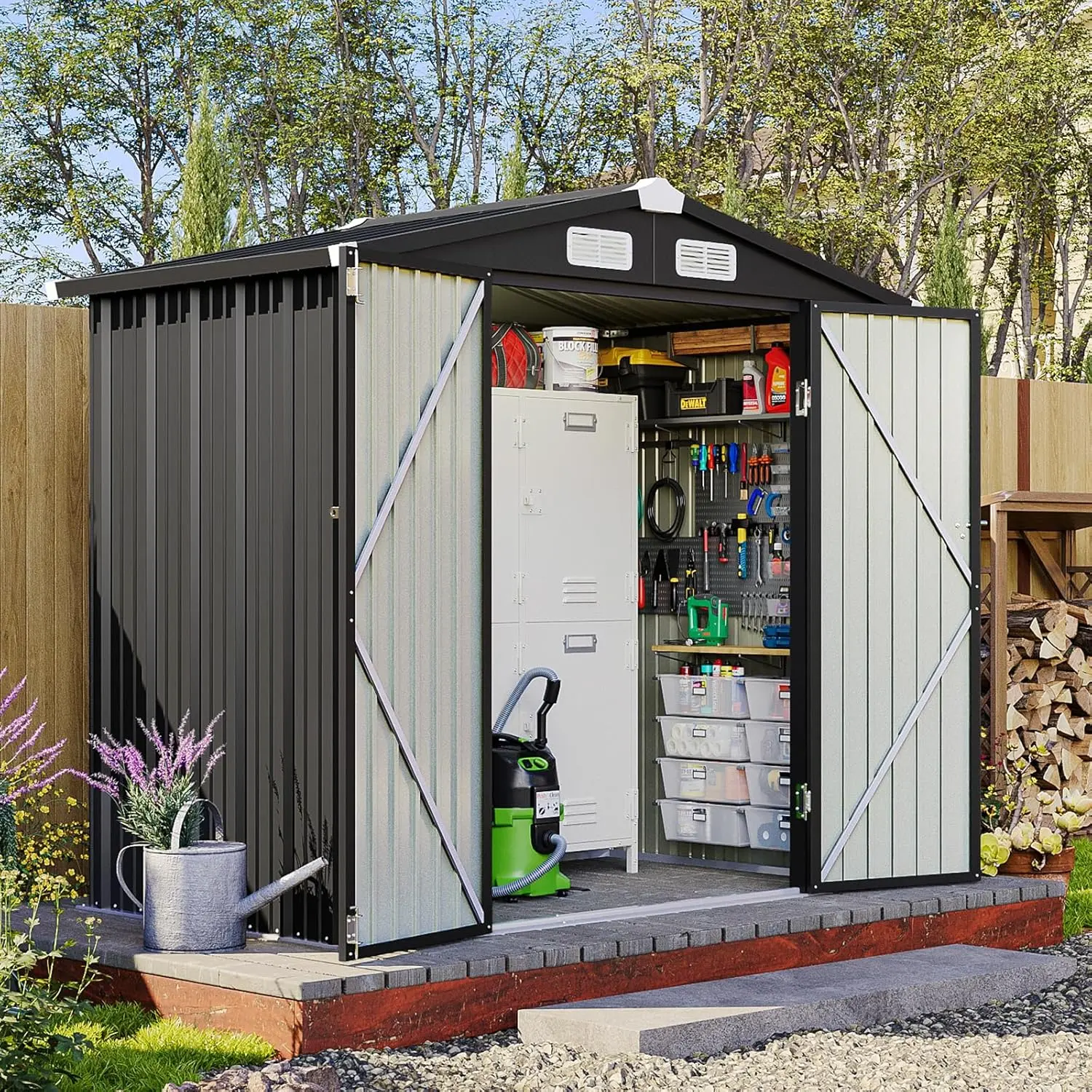 Aoxun 6x4 FT without base Outdoor Storage Shed Metal Garden Tool Shed with Sloping Roof & Lockable Door Durable Galvanized Steel Waterproof for Patio Lawn Backyard