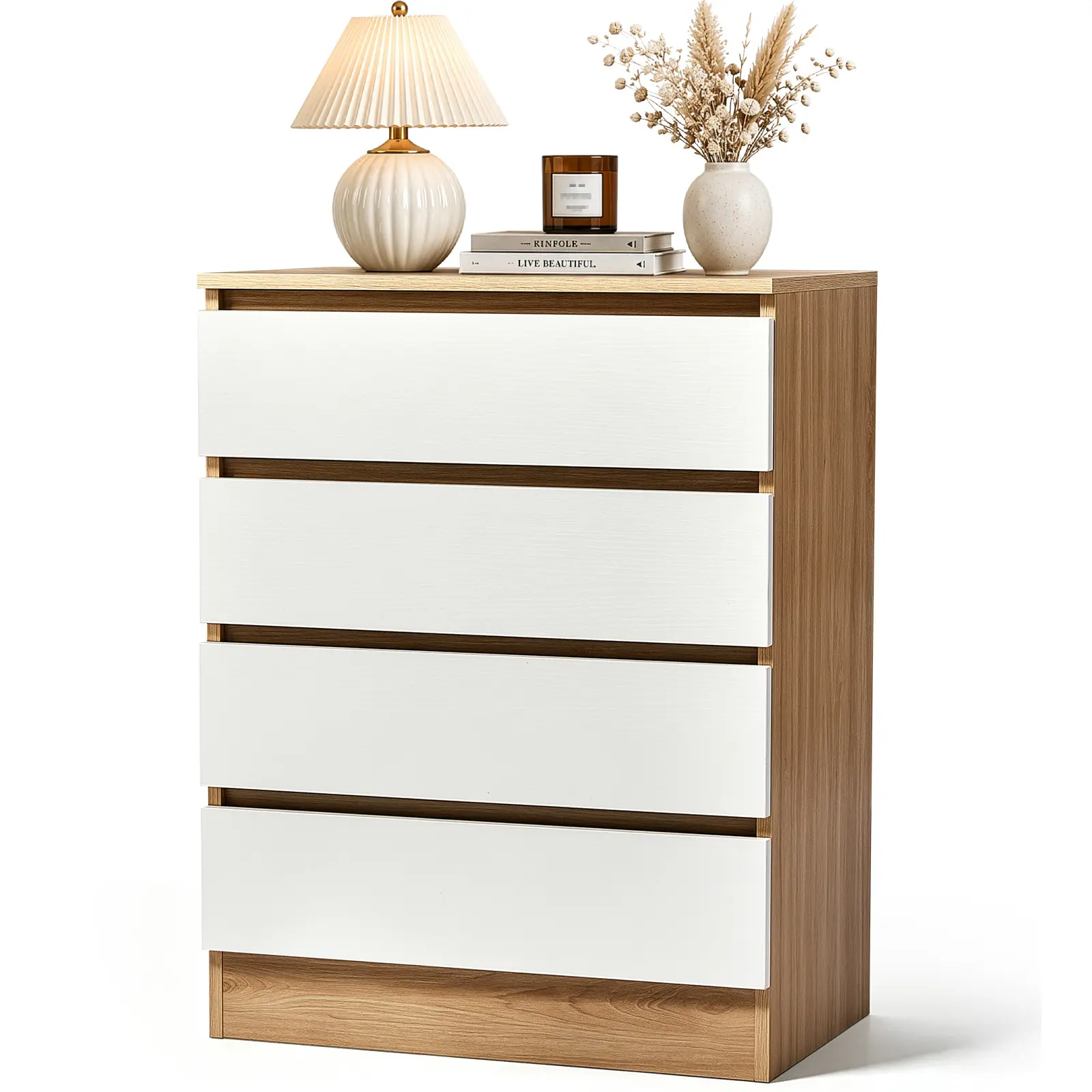 Karlhome Drawer Cabinet, White Embossed Contrast Light Wood‑Grain Embossed Finish P2 Particle Board with Melamine Laminate, Handle‑less 4‑Drawer Storage Cabinet, 603878cm