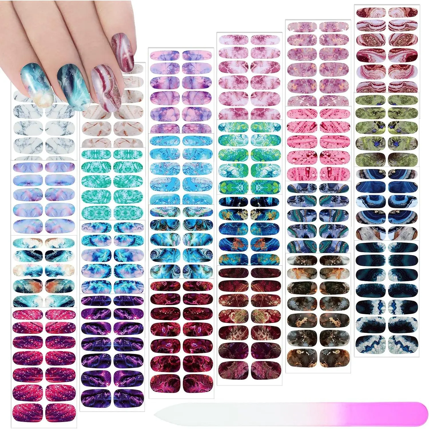 336 Pieces 24 Sheets Full Wrap Nail Polish Stickers Nail Strips Self-Adhesive Gel Nail Strips Art Decals with Nail File for Home Women Girls DIY Nail Decorations (Cool Style)