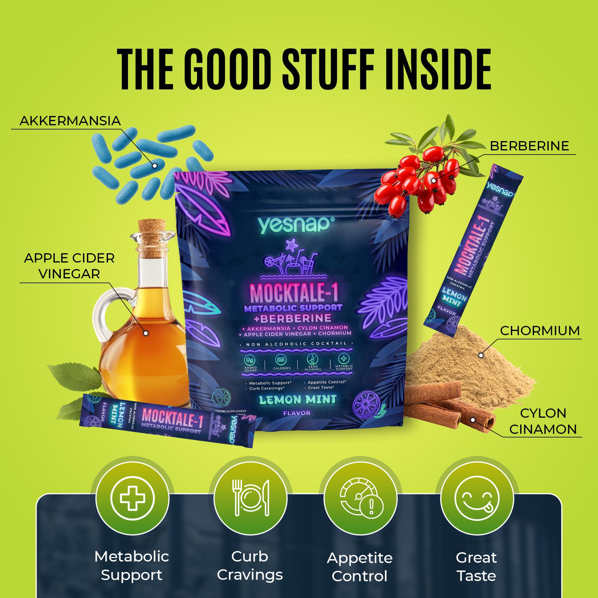 Yesnap MOCKTALE-1 Metabolic Support with Berberine & Akkermansia, Chormium, Cylon Cinamon, Apple Cider Vinegar - 30 Packets Lemon Mint Flavor Non-Alcoholic Cocktail | Powdered Supplement Drink Mix