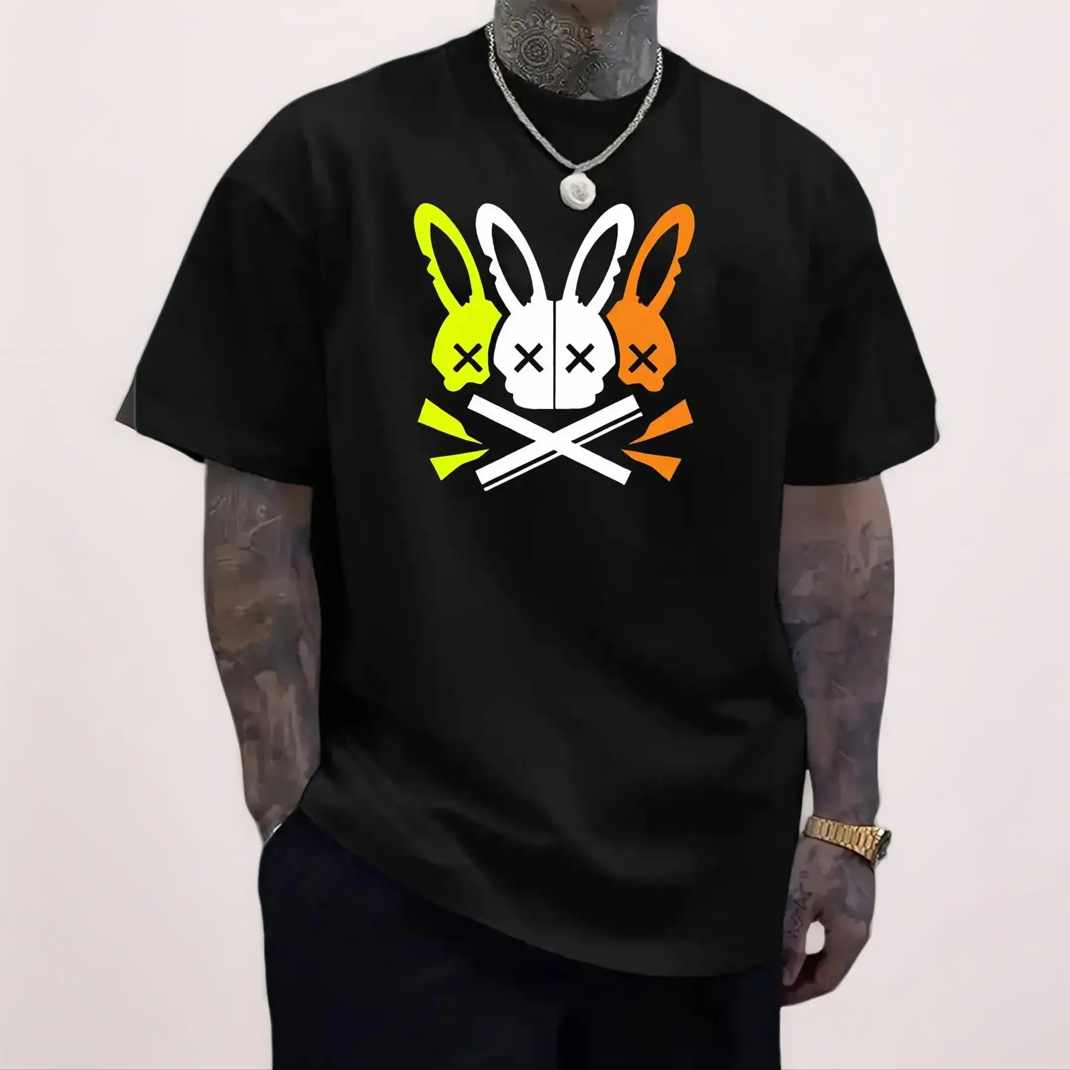 Men's Slim-Fit Short-Sleeve Pure Cotton Crew Neck T-Shirt, Soft Stretch Fabric, Unique Rabbit Skull Digital Print, Casual Large Size Menswear for Outdoor Wear