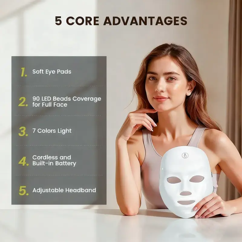 LED Facial Mask with 7 Color Light Therapy for Radiant Skin, At-Home Face Lifting Mask, Lightweight Self Care Products for Girlfriend, Red Light Therapy Face Mask, Daily Routines