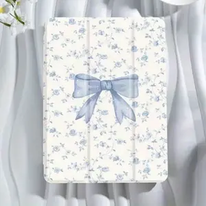 Elegant Blue Floral Patterned Tablet Case with Bow for iPad 11 2025 Air 7 2025 10.9 Air 4-5-6 10.2 Pro 11 10Th 9.7 10.5 Sleep Wake Functionality - Flower