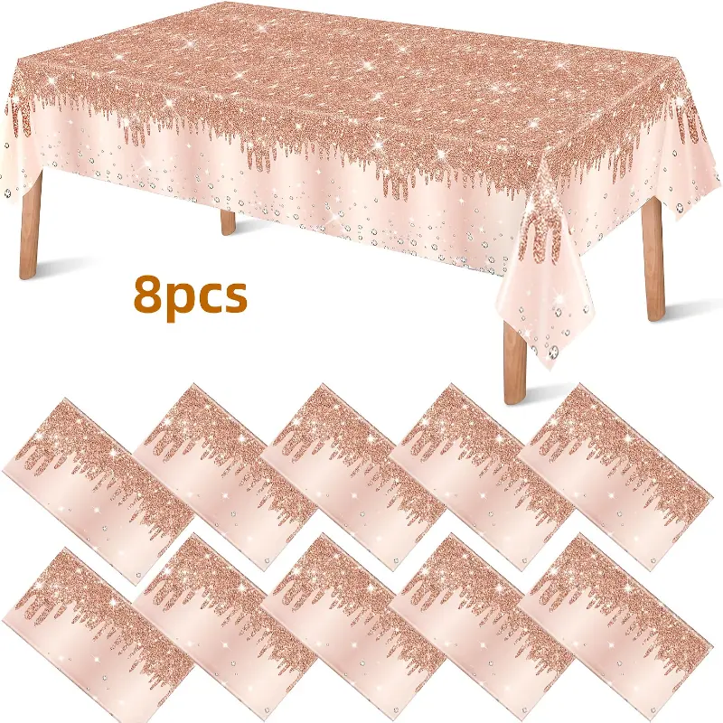 Rose Golden PVC Plastic Rectangle Tablecloths (8pcs, 54*108in/137*274cm) - Sparkling Diamond Sequined Print, Halloween-Themed Festive Decor for Weddings, Birthdays, 137*274Cm/54*108In/8Pcs