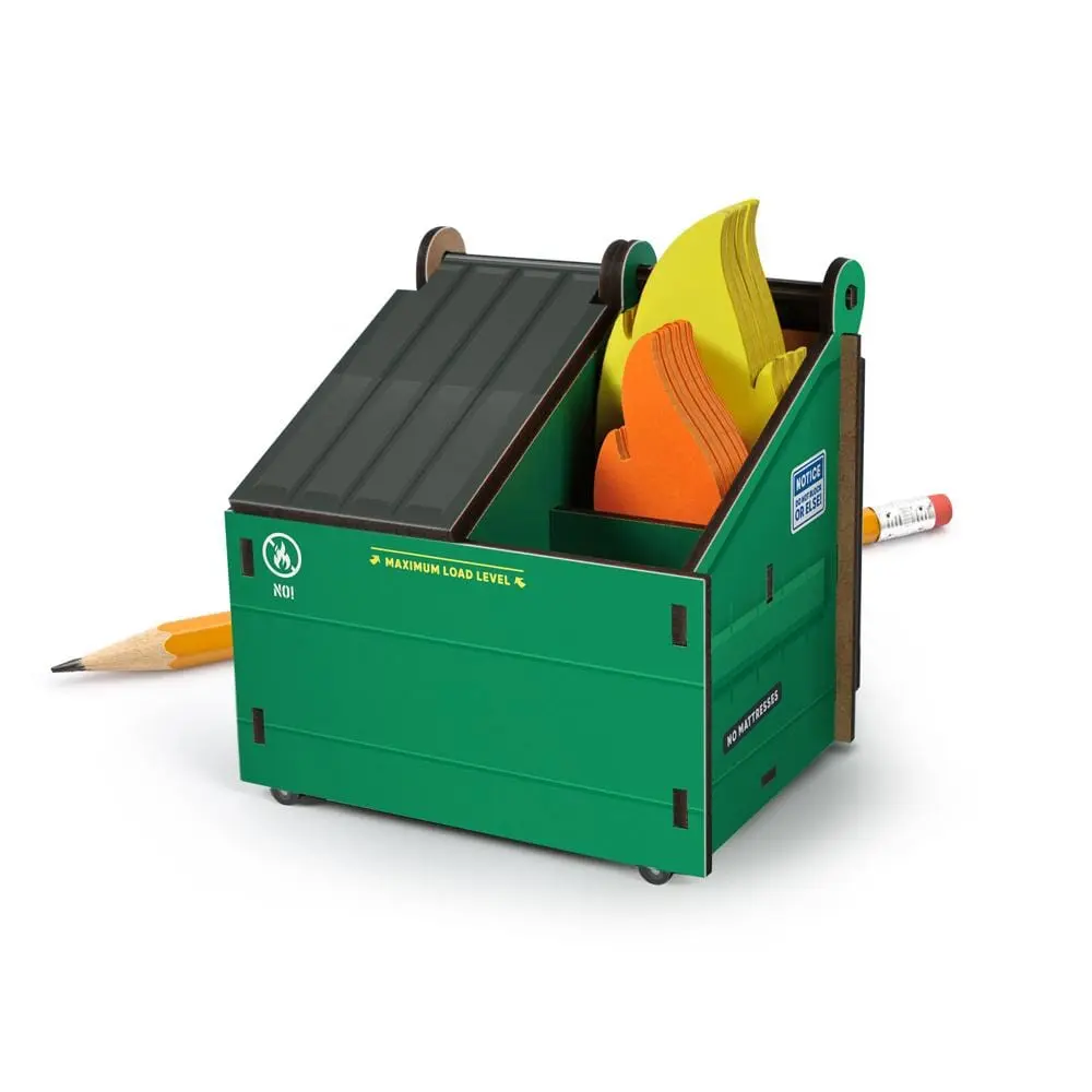 The Original DESK DUMPSTER - Dumpster Fire Desk Caddy with Flame Notecards, Fun Desk Accessory, Office Decor, and Coworker Gift