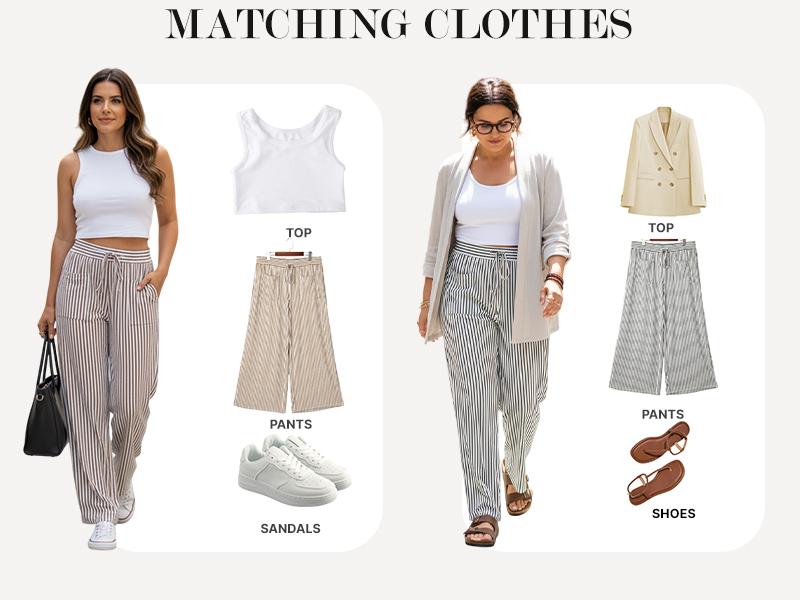 Eytino Womens Plus Size Wide Leg Pants Elastic High Waist Striped Casual Palazzo Pants Lounge Trouser with Pockets (1X-5X)