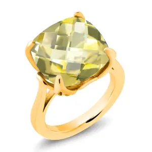 18K Yellow Gold Plated Silver Yellow Lemon Quartz and White Moissanite Engagement Ring For Women | 9.10 Cttw | 14MM Cushion Checkerboard | Available In Size 5, 6, 7, 8, 9