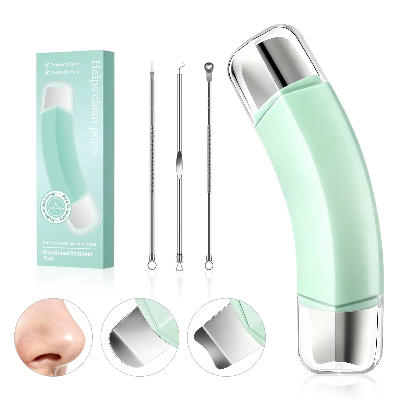 Dual-Ended Facial Cleansing Tool Set with 3 Skin Care Tools, Blackhead Remover for Face & Nose Pore Care, Gentle Daily Facial Cleansing