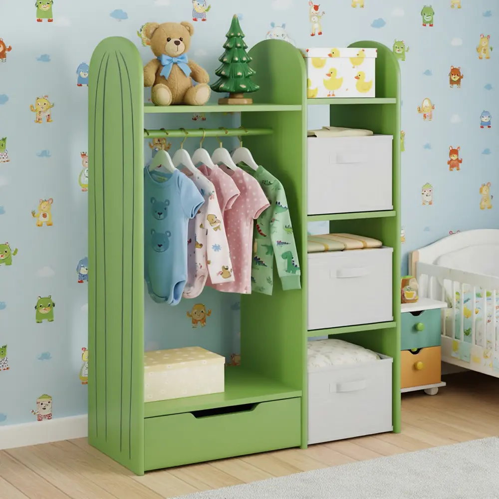 NOVAMAISON Green Cactus Kids Dress-Up Storage Center, Wooden Open Wardrobe with Hanging Rail & Bottom Drawer, Children Clothes Organizer Rack for Bedroom Playroom