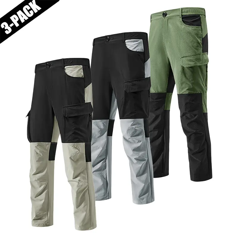 3-pack paneled waterproof outdoor cargo pants with multiple pockets and zipper closure, durable outdoor training pants available in various colors, suitable for fishing, work, camping, and other activities, ideal for spring and autumn wear.