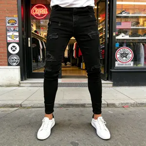 SRETOUU Men's High-Street Fashion Distressed Stretch Skinny Jeans Menswear Streetwear Denim Pants Plain Trouser