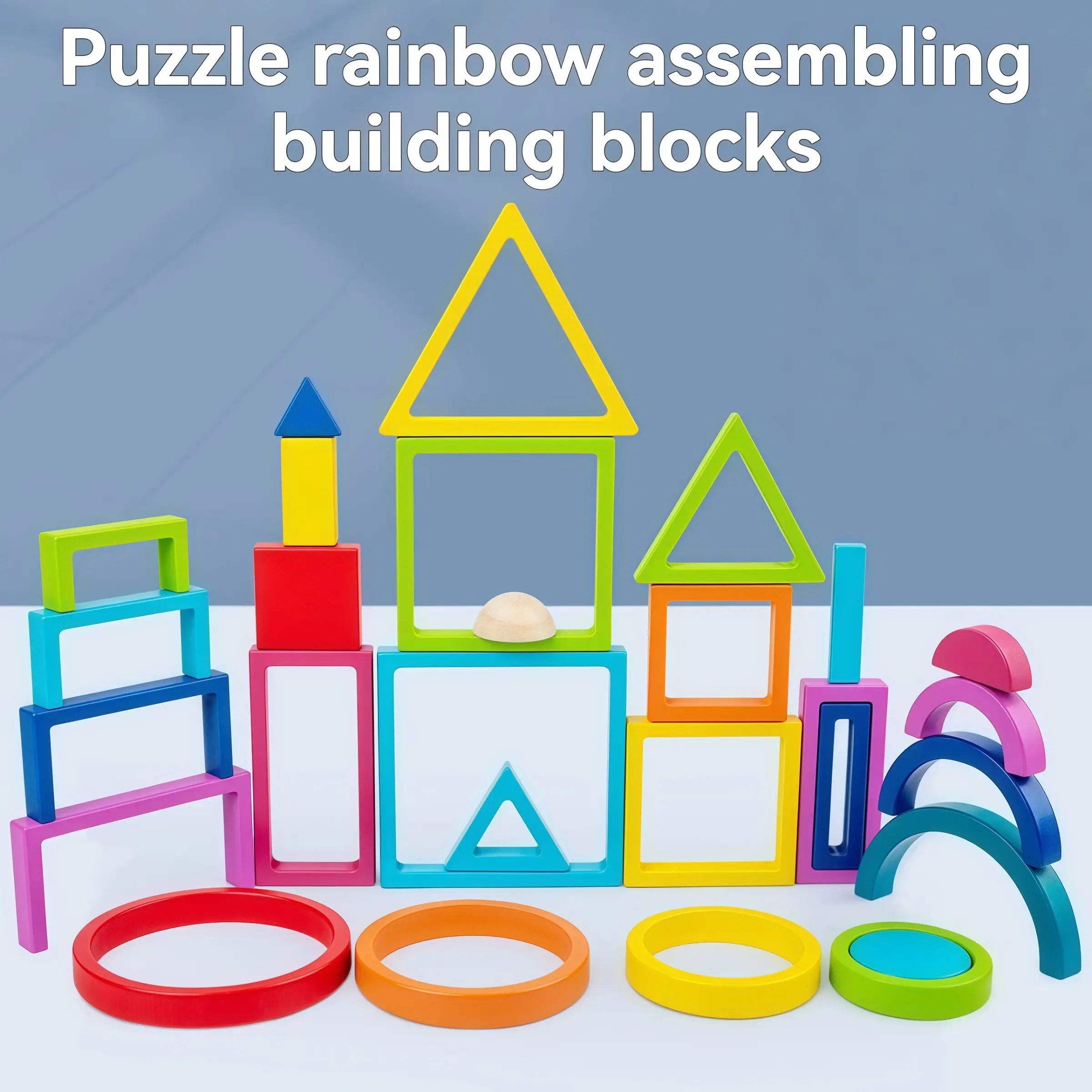 Montessori Rainbow Stacking Blocks Set, Wooden Shape Sorter Building Blocks, Educational Toy for Children, Geometric Shape Recognition, Color Learning, Stem Education