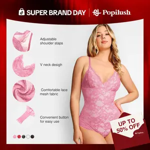 Popilush Basic Full Lace Shapewear Bodysuit Women Vneck Compression Sleeveless Thong Tummy Control Backless Adjustable Sexy Long Sleeve Bodysuit Womenswear