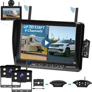 RV Backup Camera Wireless Recording 2 Cameras System, Pre-Wired for Furrion System Night Vision 4 Channels HD 1080P 7'' Touch Key BSD Monitor Rear View Camera for Trailer/Trucks