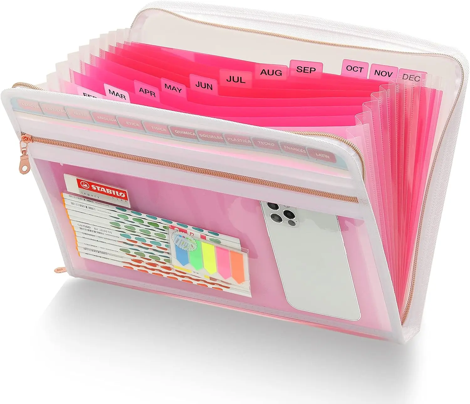 13 Pocket Expanding File Folder Organizer with Front Clear Pounch, Accordion File Organizer with Zipper Clourse, Fit for Letter Size Papers, Pink