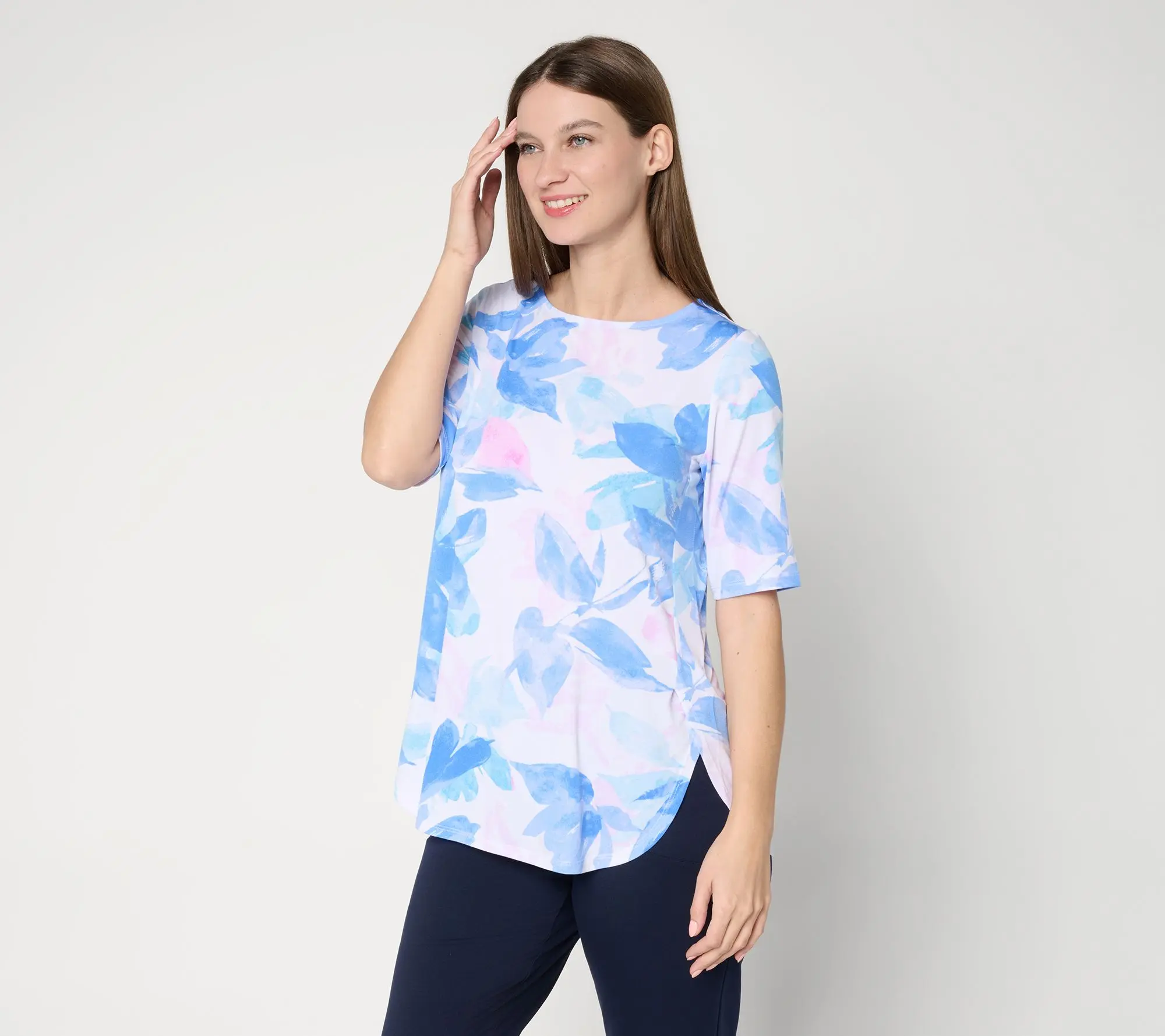 Susan Graver Petite Printed Liquid Knit Tunic with Shorttail Hem