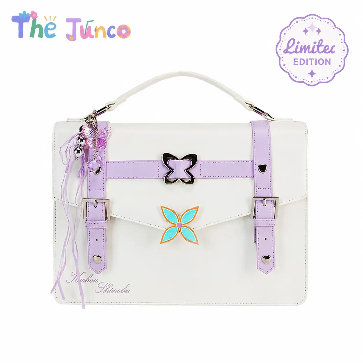 THE JUNCO Official Limited Edition Demon Slayer Graphic Pu Leather Ita Bag, Butterfly Shinobu Butterfly Motif Casual Crossbody Bag, Multi-way Messenger Backpack for Anime Fans, Compact Storage Everyday Use, Messenger Bags