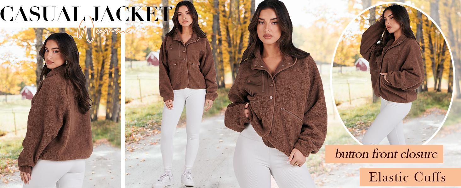 Naeduo Women's Fuzzy Sherpa Fleece Jacket Black Fitted Casual Outerwear with Side Pockets High Collar Adjustable Drawstring Hem Front Zipper Closure Basic Winter Jacket for Fall & Daily Wear Long Sleeve Minimalist Coats