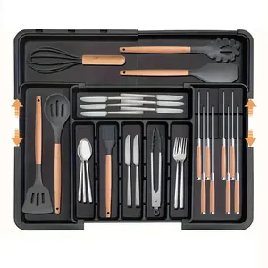 Silverware Organizer, Expandable Kitchen Utensil Drawer Organizer with 9 Compartment, Cutlery Tray Utensil Drawer for Spoons Forks Knives, Multipurpose Kitchen Storage, Black