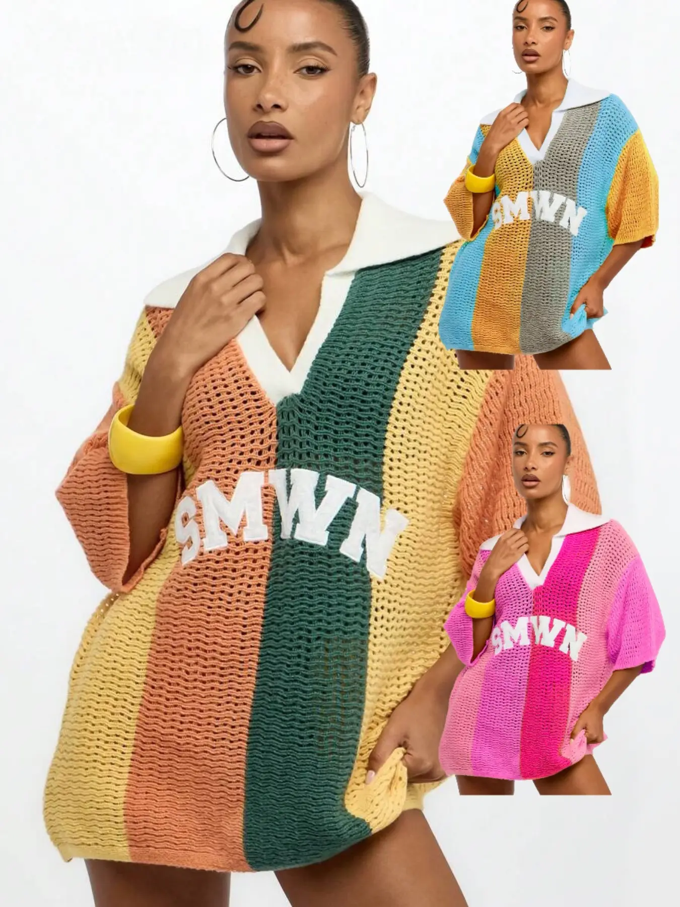 Summer Dopamine Vintage Hollow Out Knit Sweater, Breathable Casual Short Sleeve T-Shirt, Sporty Colorblock Half Sleeve Jersey, Sleeve Knit Top, Knitwear Tops, Casual Fashion Knitwear, Womenswear