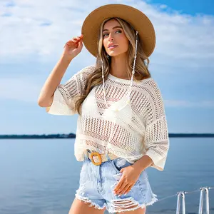 CUPSHE Salt in the Air Knit Swimsuit Cover-Up Top Beige Oversized Half Sleeves Scoop Neckline Crochet Style Beachwear for Summer Vacation Essentials #tiktokshopmemorialday