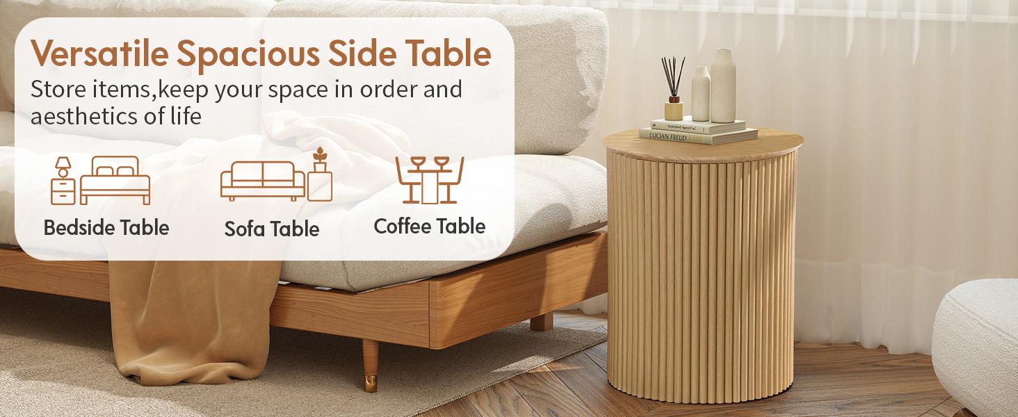 Giratree Small Round Side Table Fluted Night Stand, Mid Century Modern End Table, Circle Bedside Tables Wood Nightstands for Small Spaces, Living Room, Bedroom