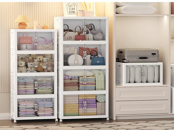 Broview V20 300QT/400QT/640QT Extra Large Stackable Storage Bins, Clear Plastic Closet Organizer Cabinet with Lid and Wheels, Collapsible Latch Boxes Folding Drawer with Door for Home Kitchen Room Organization