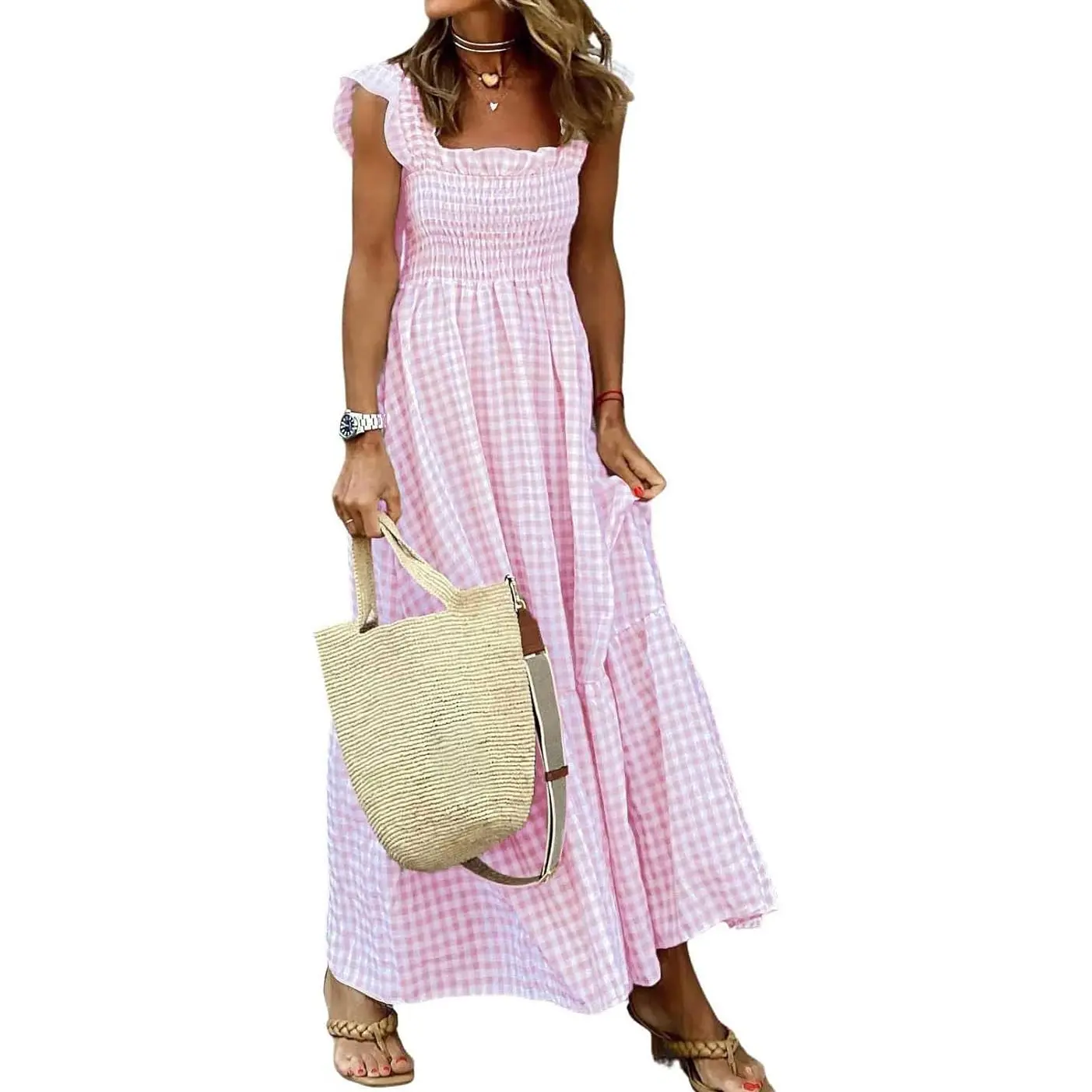 Chouyatou Women's Retro Plaid Smocked Dress Spaghetti Strap Flounce Long Casual Sleeveless Flowy Evening Fashion Basic with Pockets Womenswear Cute Elegant Plus Size Hide Belly Dress