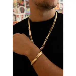 10MM Cuban Link Chain & Bracelet Set – 14KT Gold Over Silver