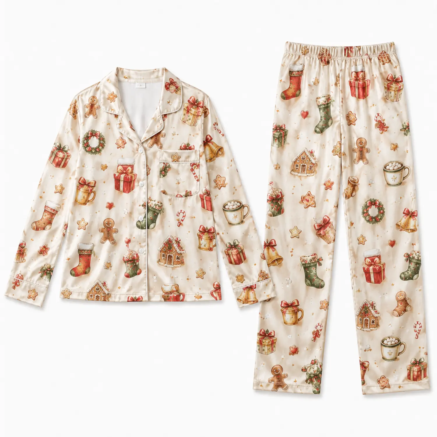 Festive Christmas Print Button Front Long Sleeve Pajama Set with Elastic Waist Pants for Cozy Autumn Winter Sleepwear