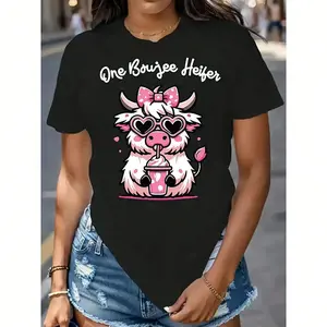 Adorable Highland Cow Animal Print Women's TShirt Soft Breathable Casual Top