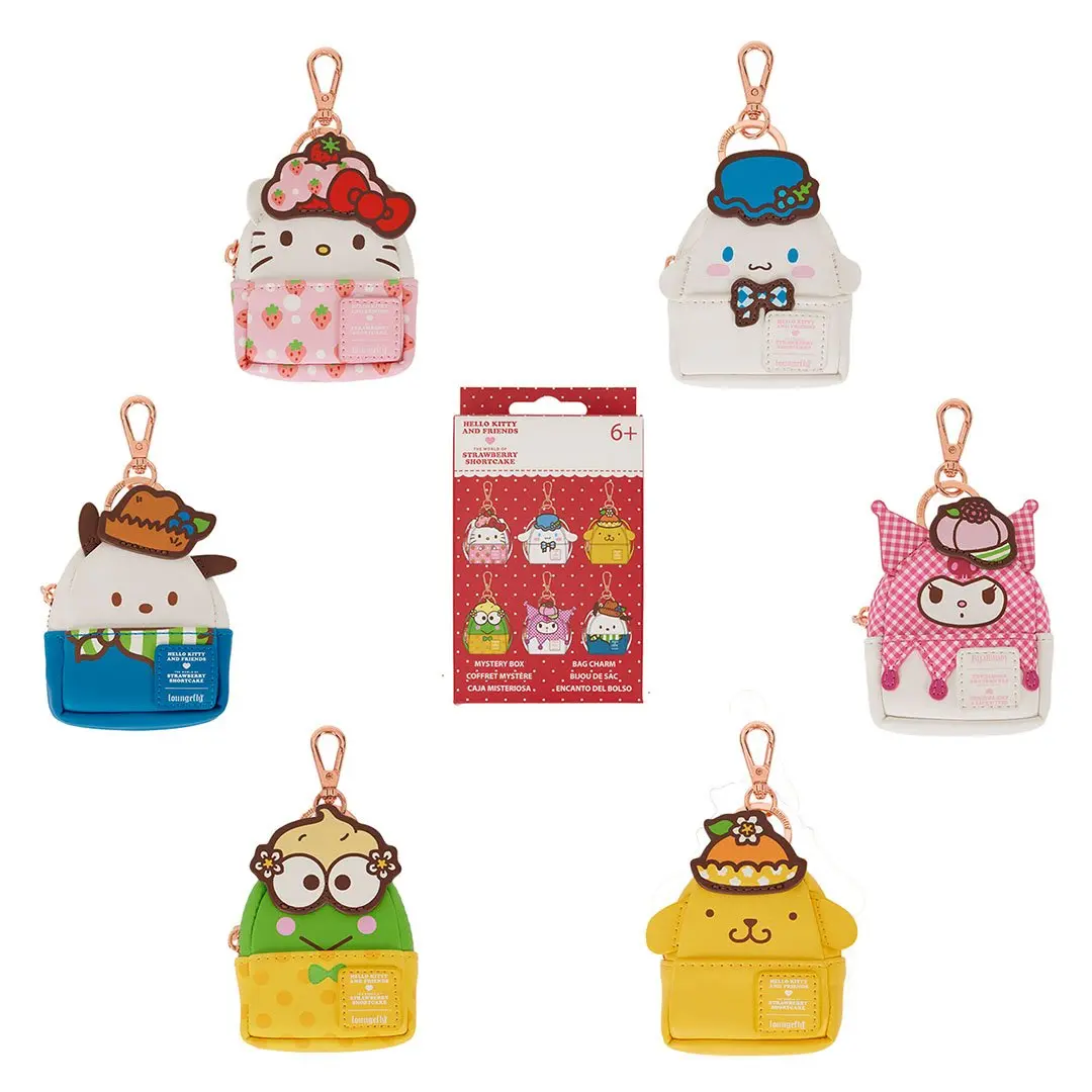 Loungefly Sanrio Hello Kitty & Friends x Strawberry Shortcake Cosplay Mini Backpack Clip-On Keychain Charm - Faux Leather Keychain Bag Accessory with Cartoon Print, Mystery Packaging, Clip-On Hook, 2.25”W Collectible