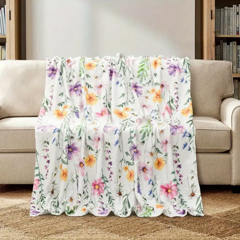 Watercolor Floral Print Flannel Fleece Throw Blanket - Soft, Fluffy, Plush Bed Warmer Blanket, Ideal Gift for Women, Home Decor for Bedroom, Sofa, Throw Blankets, Fluffy Blankets