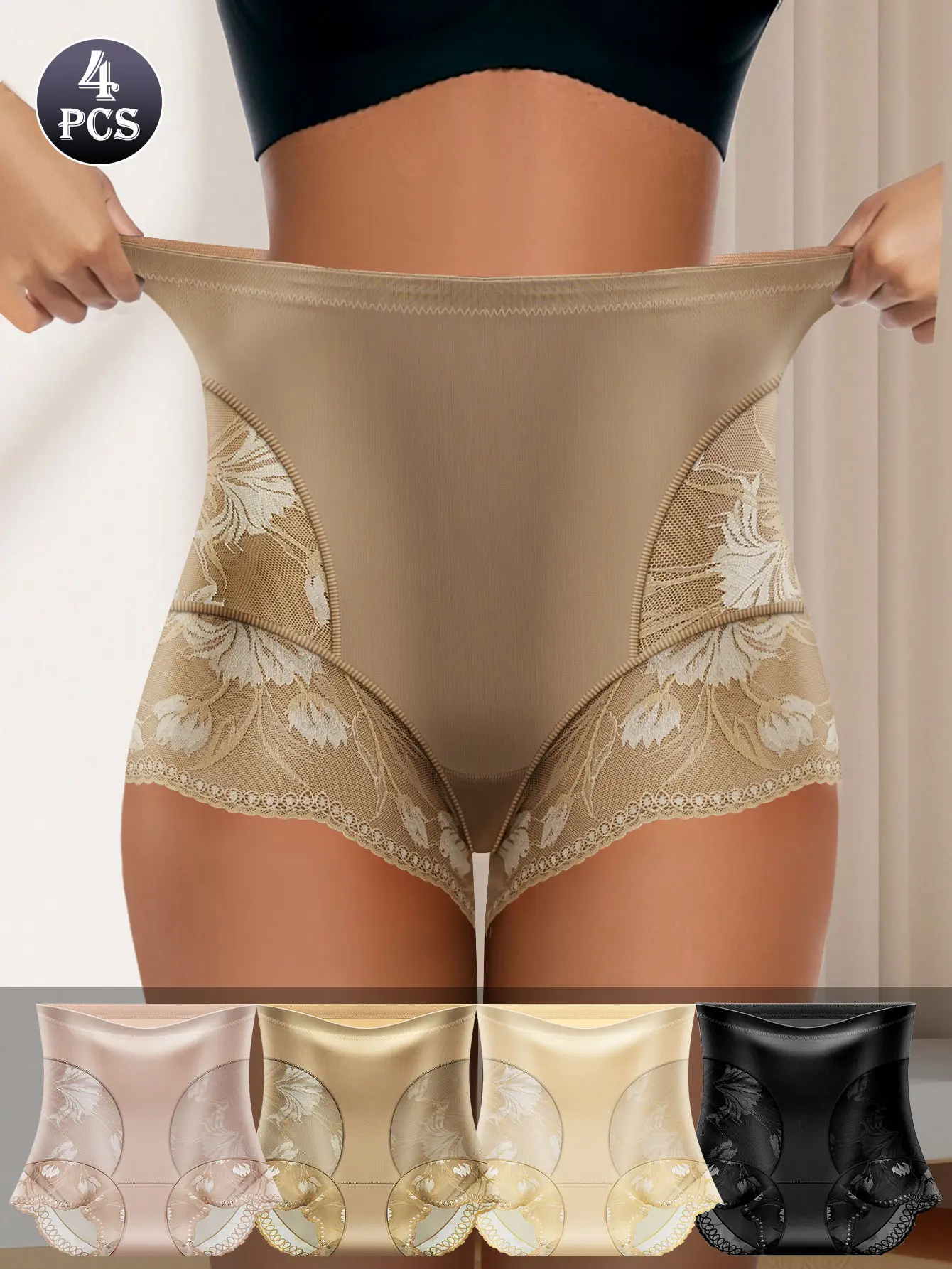 QUASTI 4PCS High-Waisted Glossy Fabric Lace Patchwork Women's Underwear, Soft Seamless Breathable Panties, Elegant Sexy Tummy Control Briefs, S-XXL summerwins