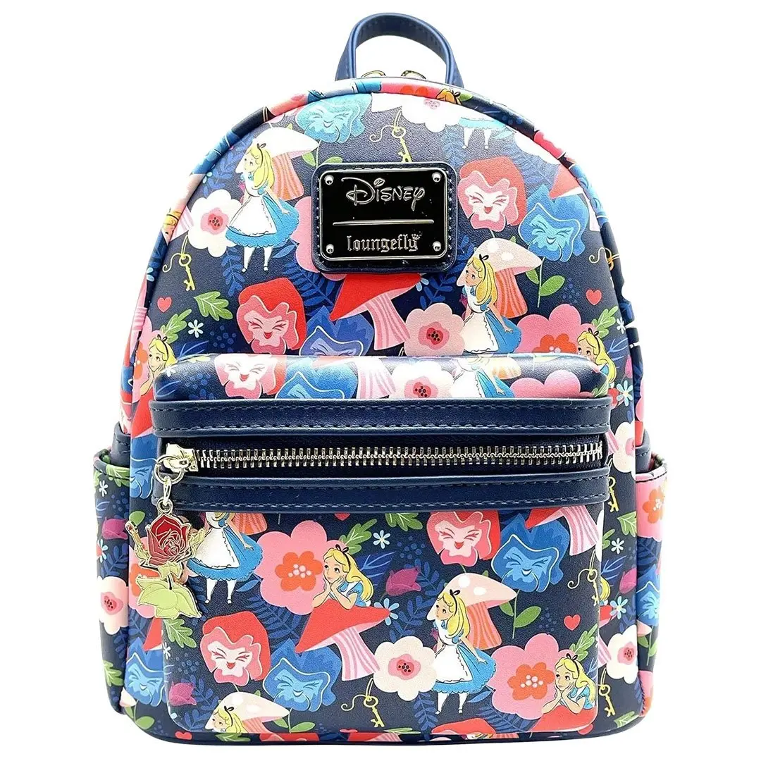 Loungefly Disney Alice in Wonderland Golden Afternoon Mushroom Allover Print Casual Mini Backpack, Casual Backpack, Flowers, Mini Backpacks