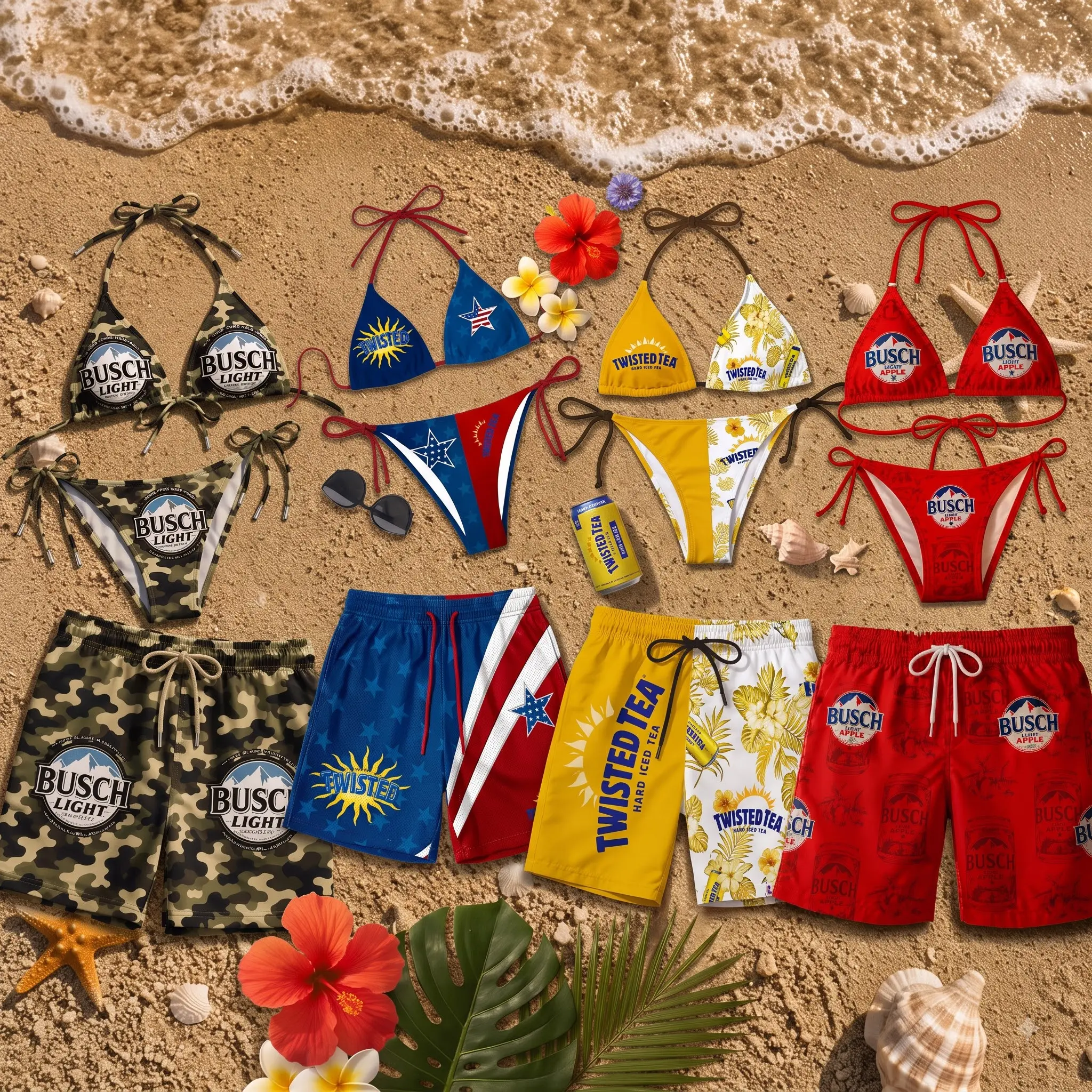 Busch Light Camo and Twisted Tea Tropical Matching Bikini and Hawaiian Shorts Set, Beer Graphic String Bikini for Women and Quick Dry Swim Trunks for Men, Colorful Couple Swimwear for Summer Beach Pool Vacation