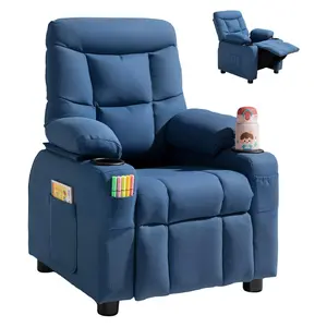 【Summervibes】VEVOR Kids Reclining Chair,  , Toddler Recliner with Cup Holders and Pockets, 107° to 126° Adjustable Backrest, Breathable Polyester Fabric Recliner Couch with Footrest, for Boys & Girls, Children(Blue)