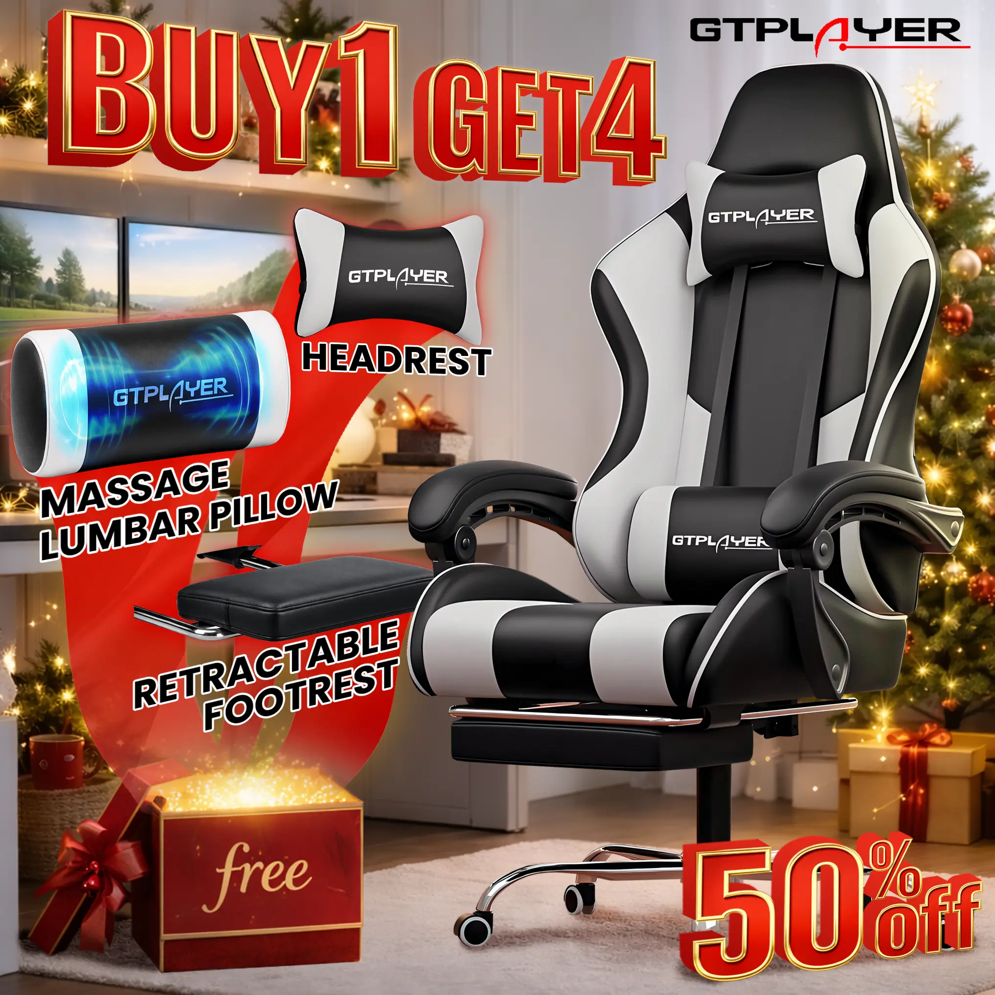 GTPLAYER Ergonomic Gaming Chair - Height-Adjustable Office Chair with Padded Arms, Footrest, Lumbar Support, Headrest, 360° Swivel Seat, Sturdy Metal Frame for Gaming, Office Use,dorm essentials,home decor