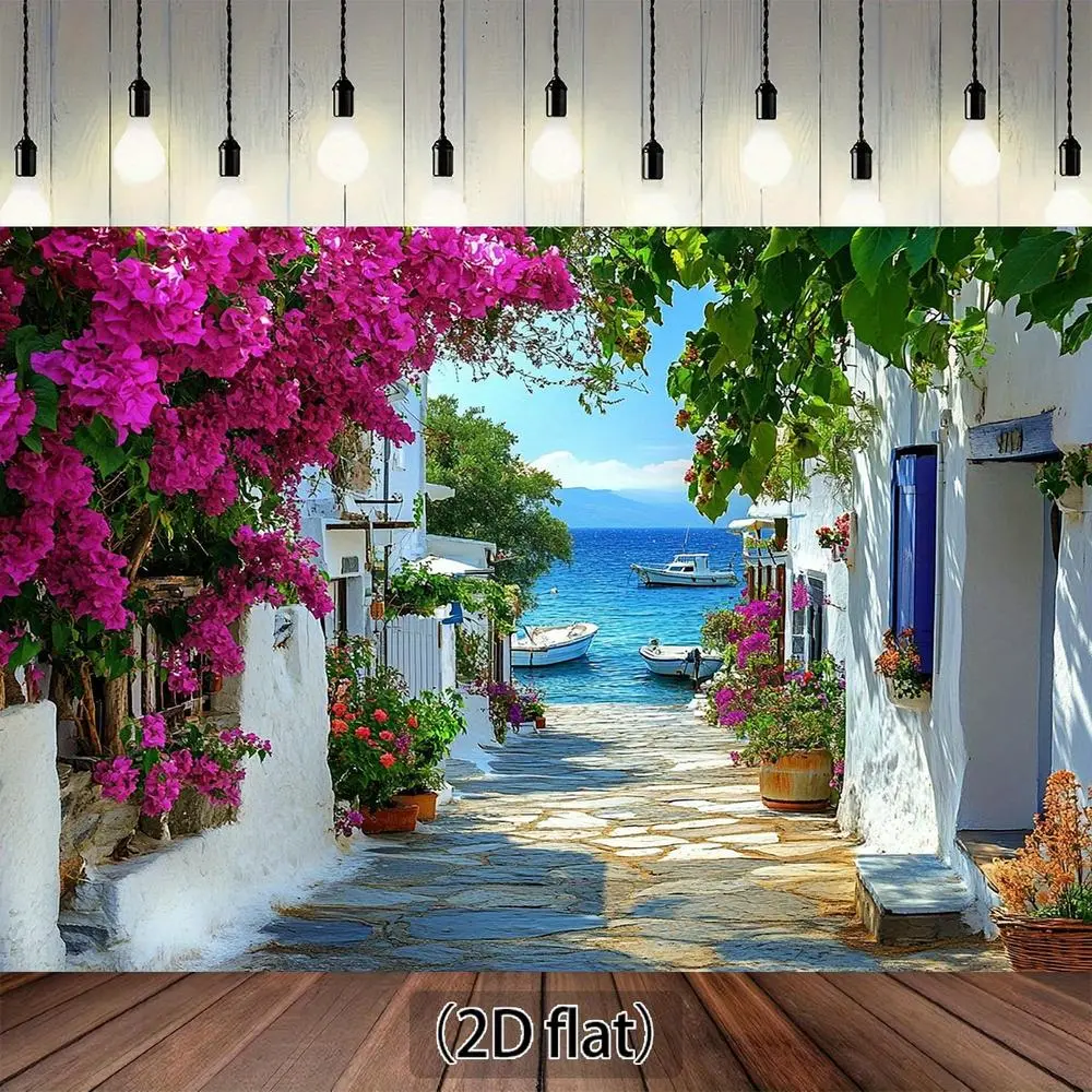 2D Flat Mediterranean Greek Island Tropical Design Wall Hanging Tapestry - Portable Polyester Decor, Modern Stylish Home Interior Backdrop for Room, Happy Birthday & Home Supplies